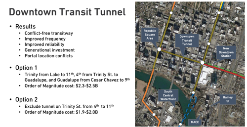 A satellite view of downtown shows a grid overlay shaped like an H identifying tunneling locations