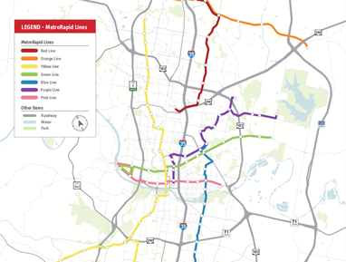 A map of Austin with seven multi-colored lines symbolizing new MetroRapid routes with dedicated lanes.