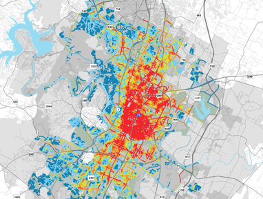 A map of Austin with many thin lines in different colors representing the priority-level of different sidewalks under the plan